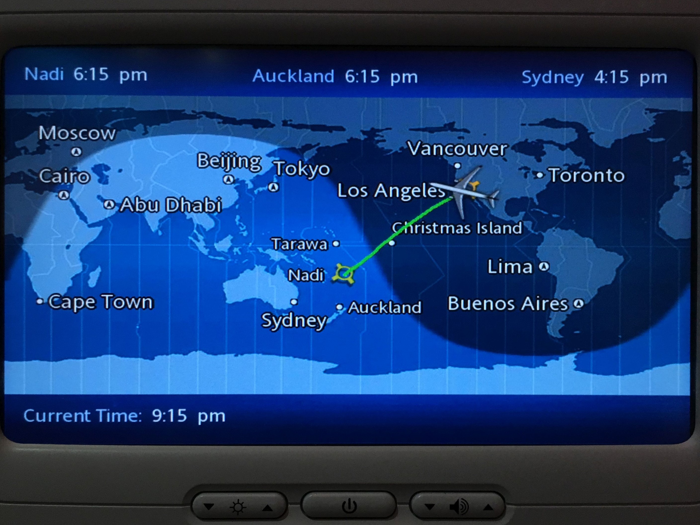 Flight path to Fiji, viewed from seatback display on the plane.